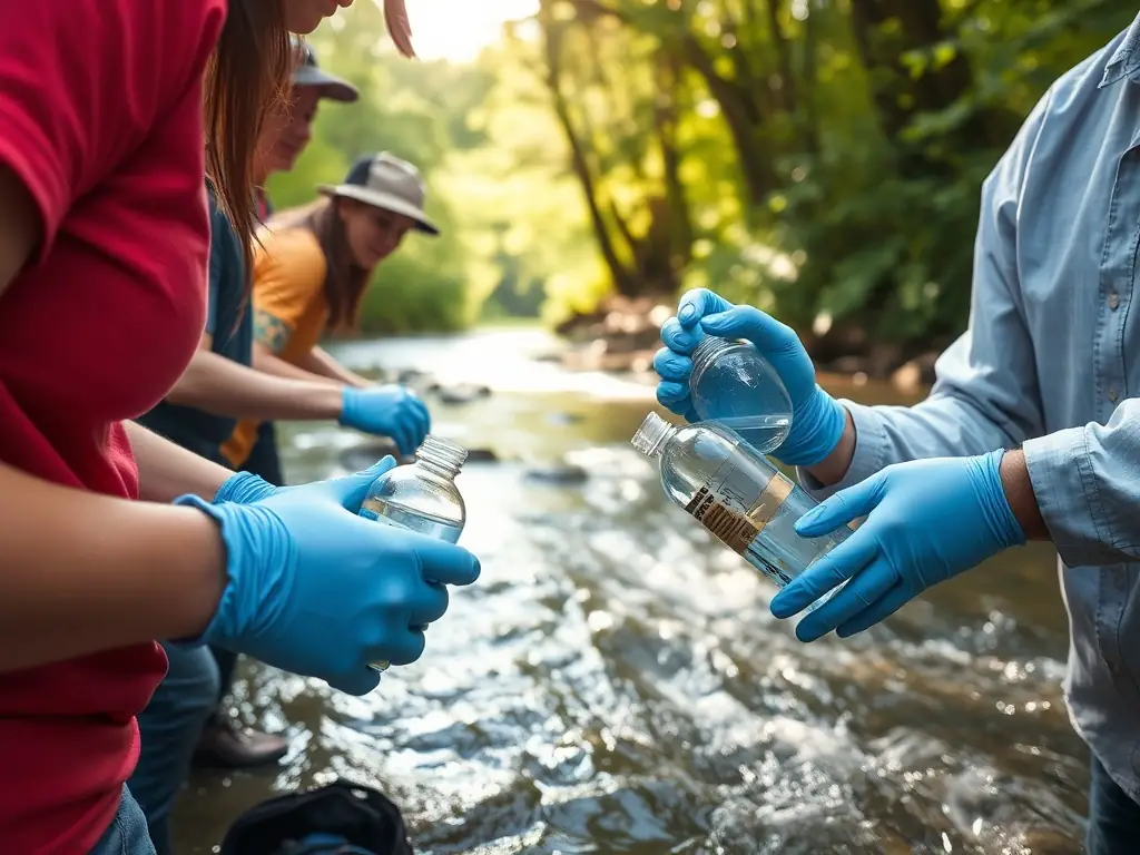 A photograph of a team conducting a water quality assessment in a local stream, representing the organization's efforts to monitor and protect water resources.