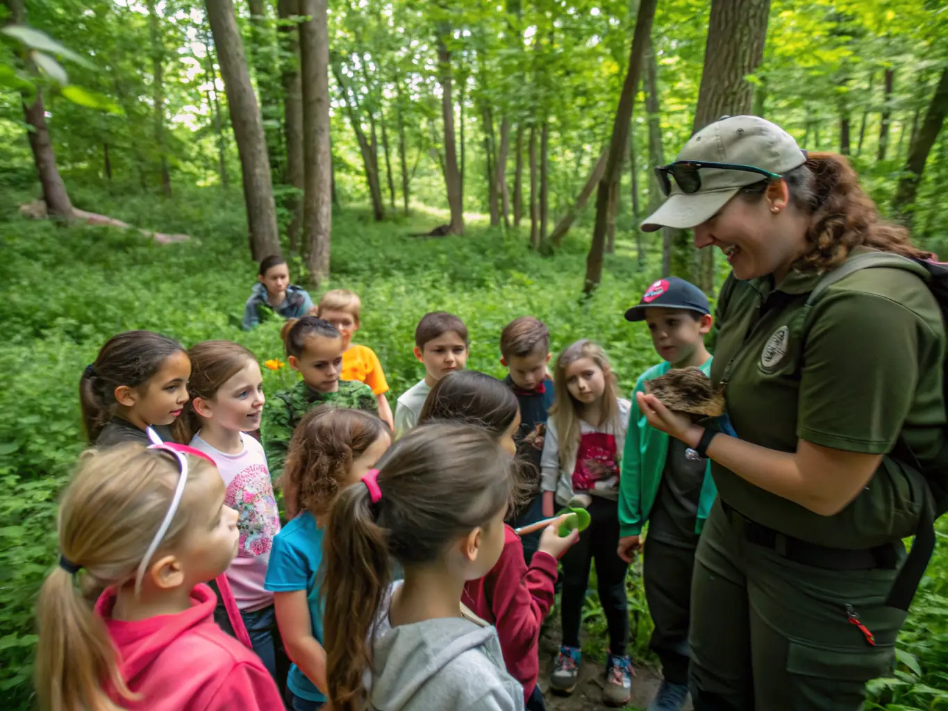 A photograph showcasing a group of children participating in an outdoor educational program about local wildlife, organized by ADENBG ASSOC DEFENS ESPAC NATUR BOISES GENESIE.
