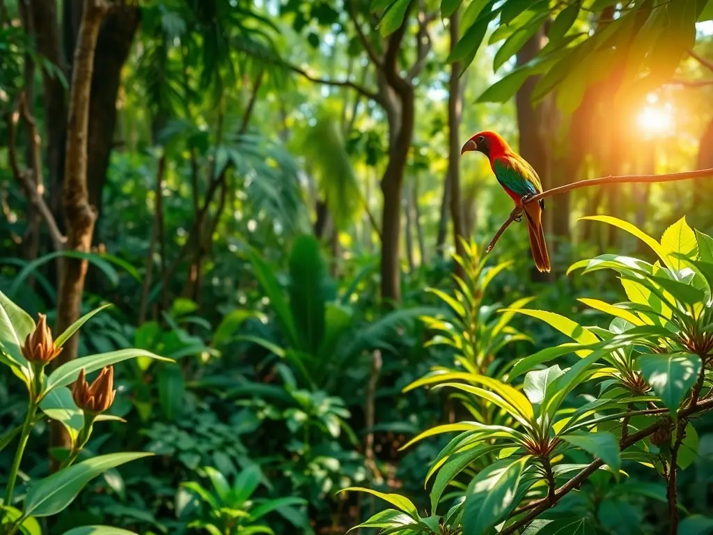 A lush, green forest scene with sunlight filtering through the trees, showcasing the biodiversity of Boises Genesiens. The image should evoke a sense of tranquility and the importance of preserving natural habitats.