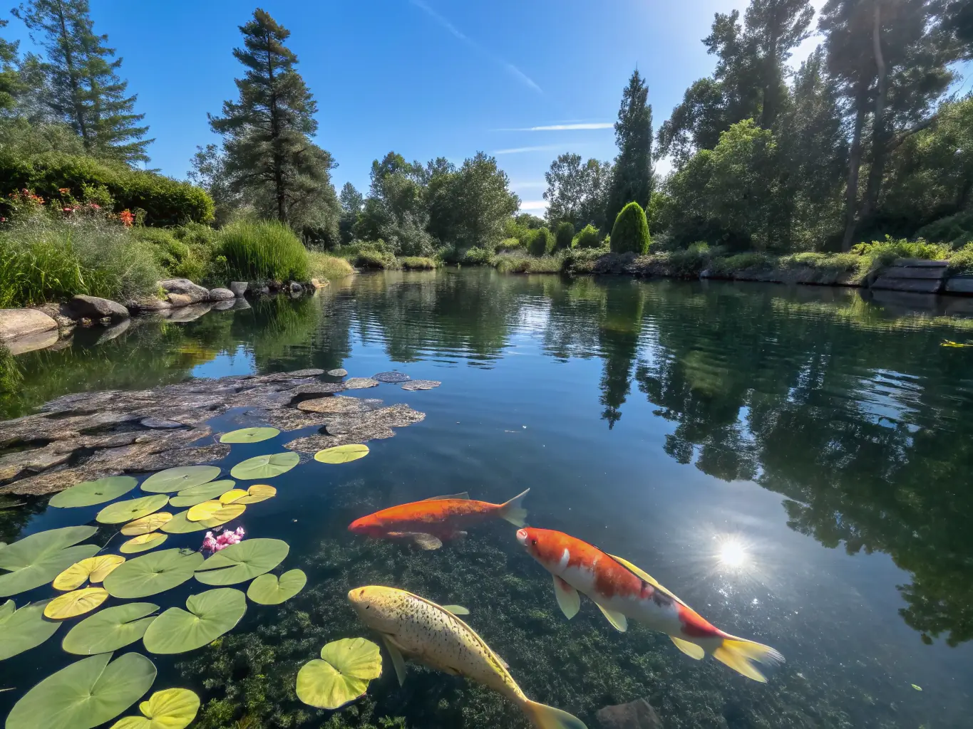 A serene image of a clear, natural water point with diverse aquatic life, emphasizing the importance of water conservation. The image should highlight the beauty and fragility of these ecosystems.