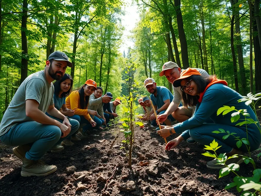 A group of volunteers planting trees in a deforested area, demonstrating community involvement in environmental restoration. The image should convey a sense of collaboration and positive impact.