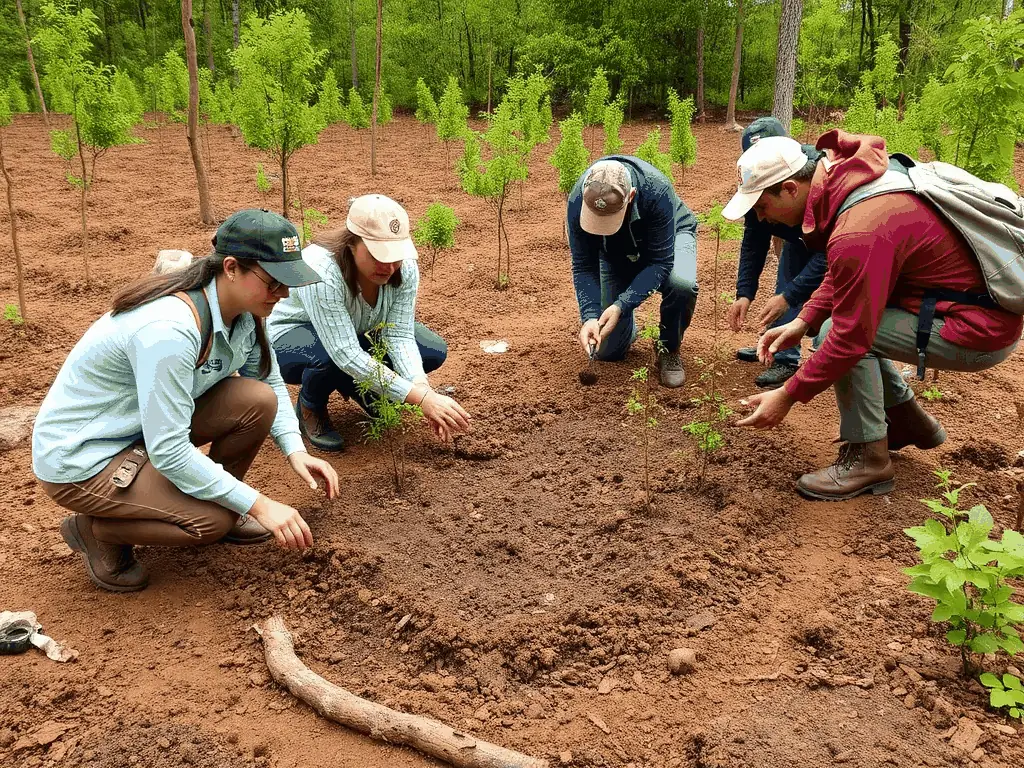 A photograph depicting volunteers planting trees in a deforested area, symbolizing habitat restoration efforts by ADENBG ASSOC DEFENS ESPAC NATUR BOISES GENESIEN.